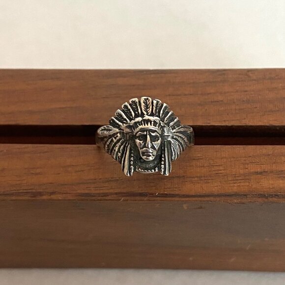 VTG Sterling Silver 925 Indian Chief Head Feathered Headdress Band Ring Sz 6 - Picture 4 of 16